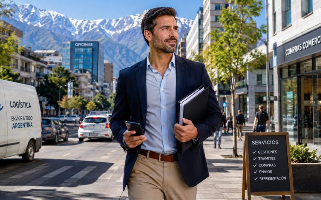 Comisionista realizando gestiones comerciales y trámites empresariales en la ciudad de Mendoza para clientes de toda Argentina