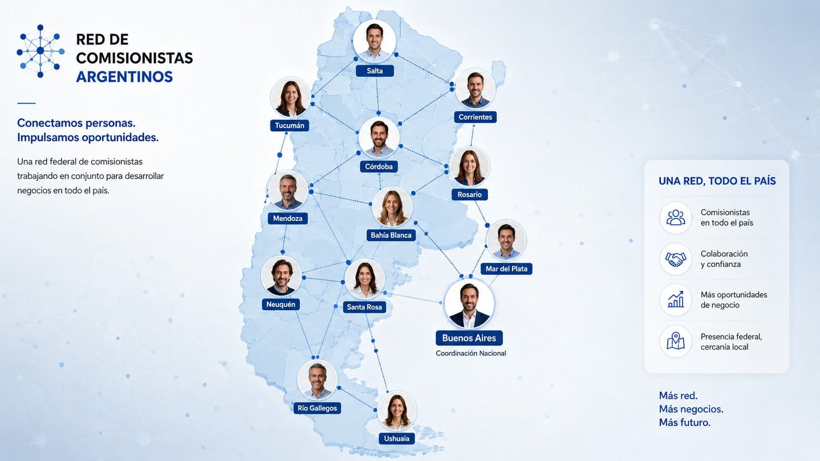 Red nacional de comisionistas conectando ciudades argentinas
